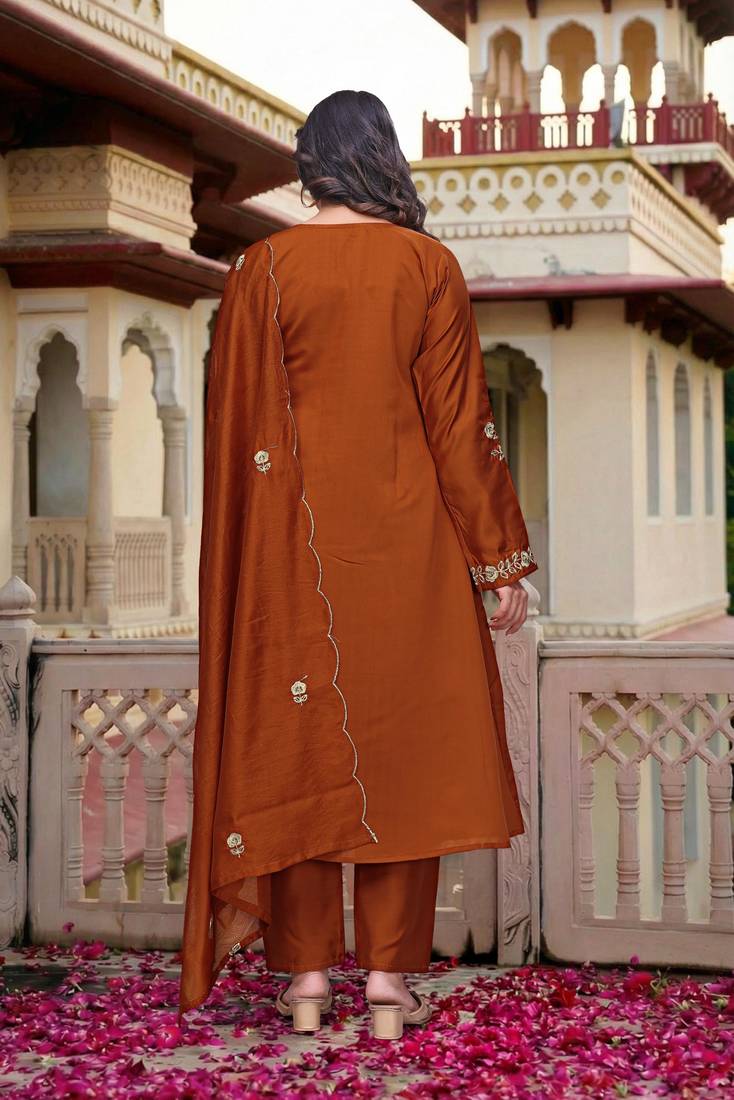 Women rust orange chanderi silk embroidered kurta pant set with organza dupatta