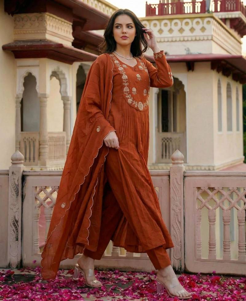 Women rust orange chanderi silk embroidered kurta pant set with organza dupatta