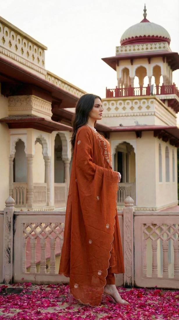 Women rust orange chanderi silk embroidered kurta pant set with organza dupatta