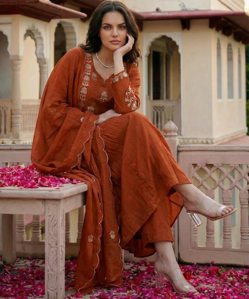 Women rust orange chanderi silk embroidered kurta pant set with organza dupatta