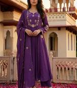 Women royal purple chanderi silk embroidered kurta pant set with organza dupatta