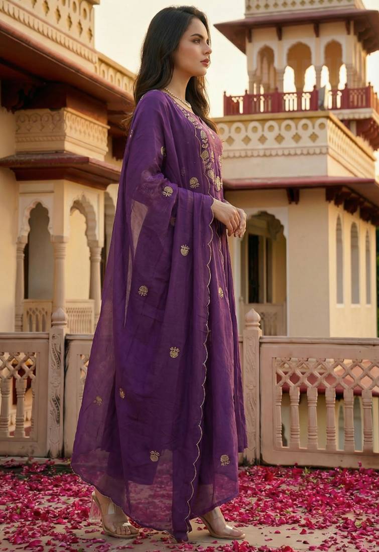 Women royal purple chanderi silk embroidered kurta pant set with organza dupatta