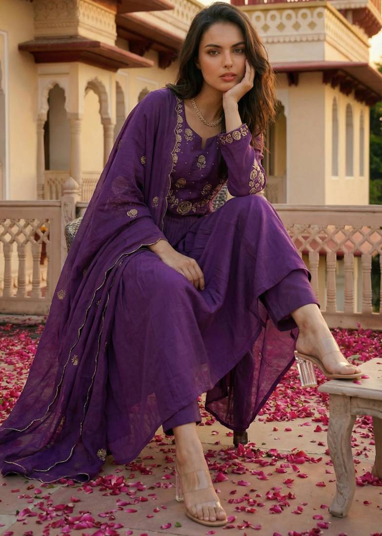 Women royal purple chanderi silk embroidered kurta pant set with organza dupatta