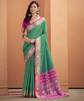 GREEN patola zari silk blend saree with blouse 1