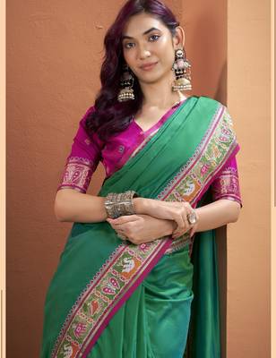 GREEN patola zari silk blend saree with blouse 2