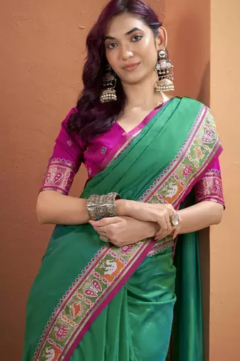 GREEN patola zari silk blend saree with blouse