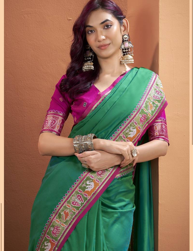GREEN patola zari silk blend saree with blouse