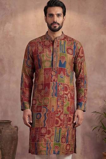 Mens viscose rayon multi abstract printed kurta
