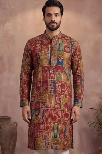 Mens viscose rayon multi abstract printed kurta