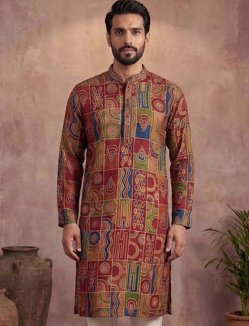 Mens viscose rayon multi abstract printed kurta
