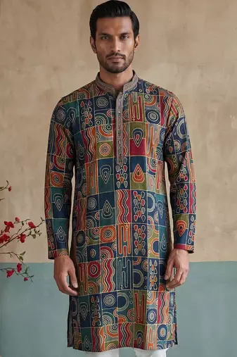 Mens viscose rayon multi abstract printed kurta