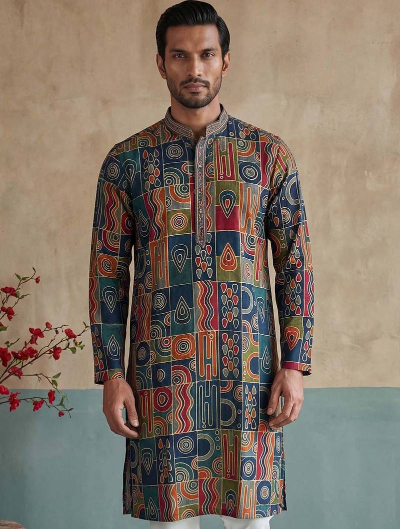 Mens viscose rayon multi abstract printed kurta