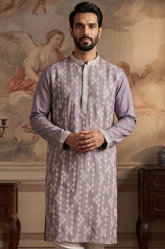 Mens silk blend lavender solid embroidered kurta