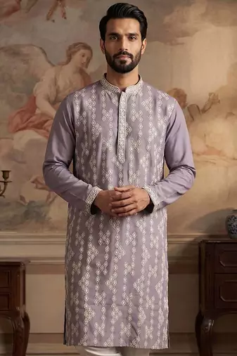 Mens silk blend lavender solid embroidered kurta