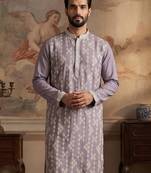 Mens silk blend lavender solid embroidered kurta