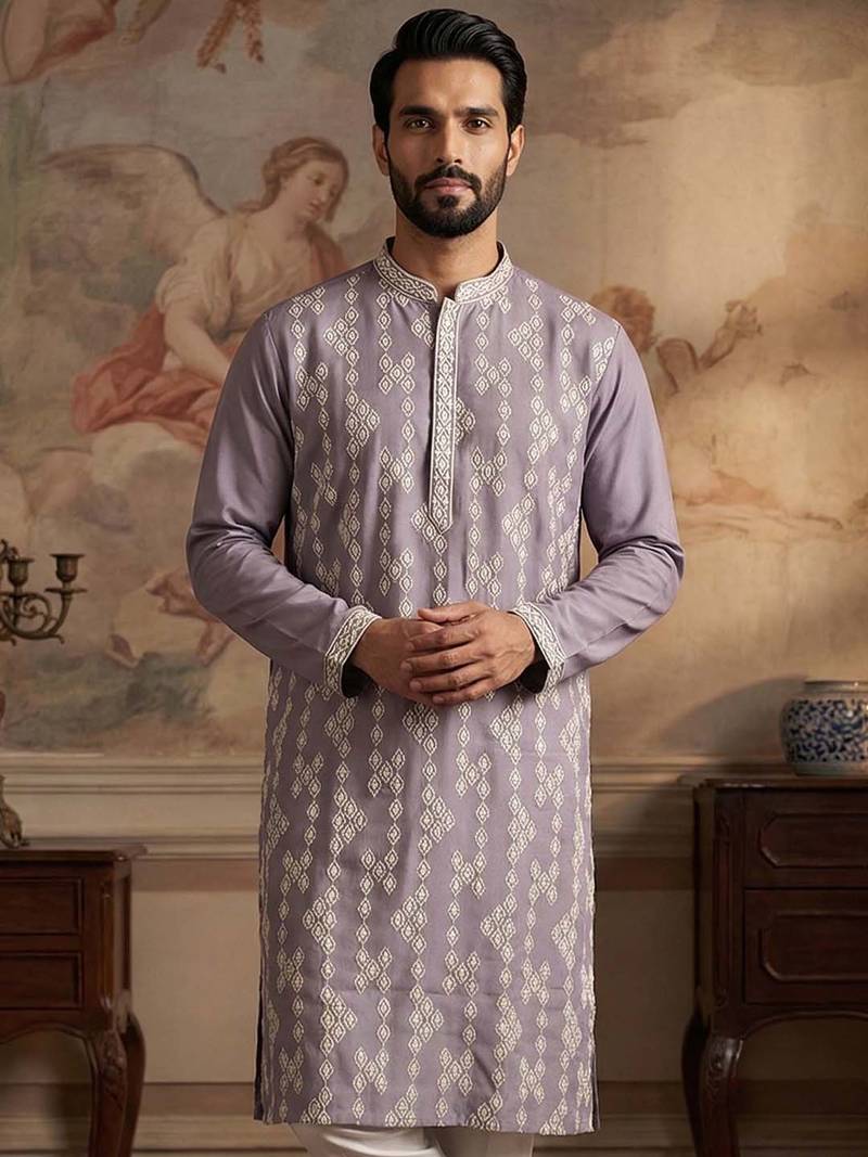 Mens silk blend lavender solid embroidered kurta