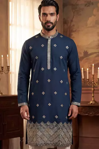 Mens silk blend blue solid embroidered kurta