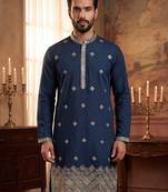 Mens silk blend blue solid embroidered kurta