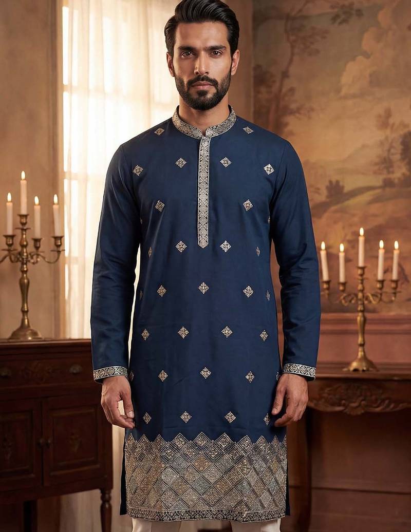 Mens silk blend blue solid embroidered kurta