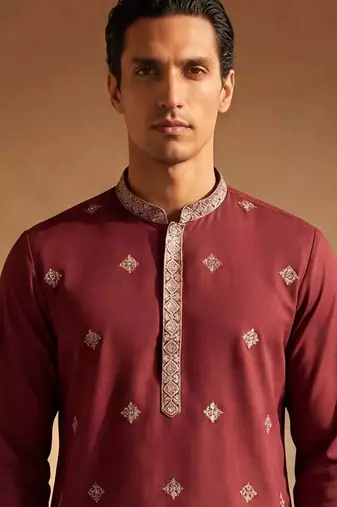 Mens silk blend maroon solid embroidered kurta