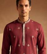 Mens silk blend maroon solid embroidered kurta