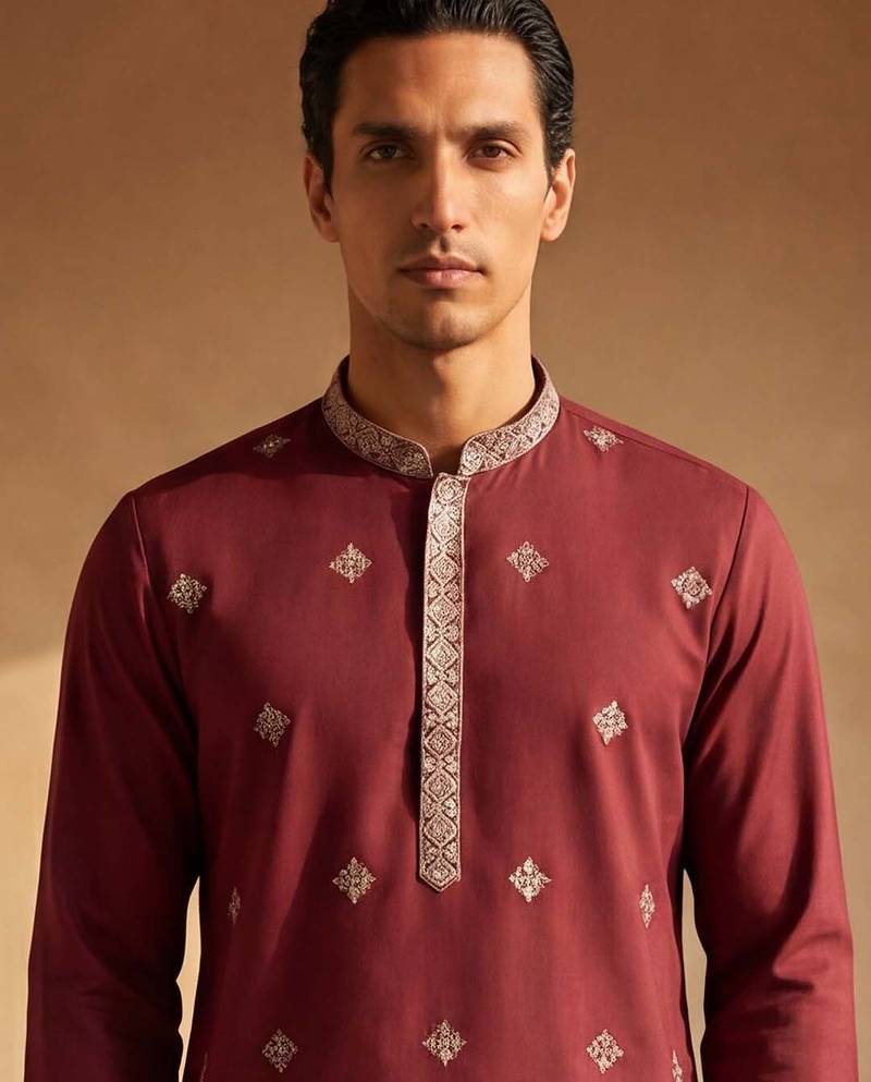 Mens silk blend maroon solid embroidered kurta