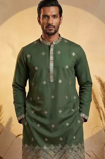 Mens silk blend green solid embroidered kurta