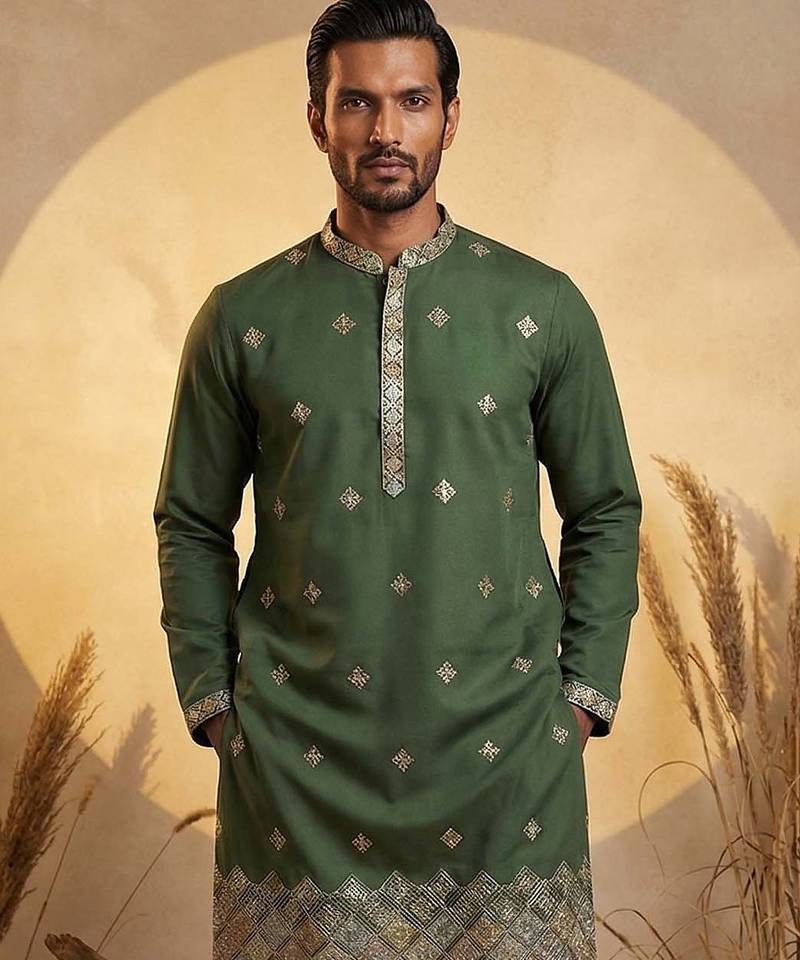 Mens silk blend green solid embroidered kurta