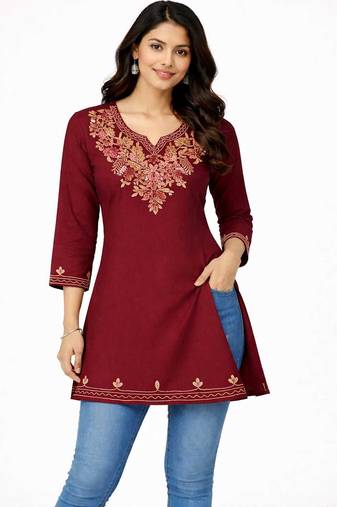 Maroon embroidered cotton short kurti 