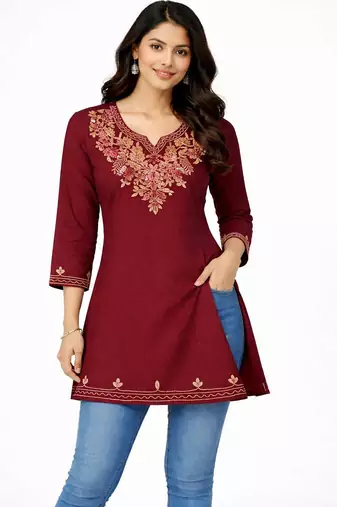 Maroon embroidered cotton short kurti 