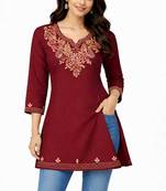 Maroon embroidered cotton short kurti 