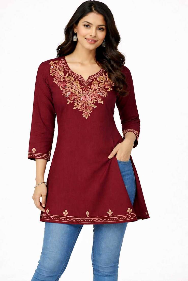 Maroon embroidered cotton short kurti 