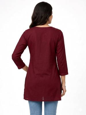 Maroon embroidered cotton short kurti  3