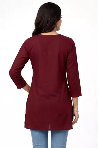 Maroon embroidered cotton short kurti 