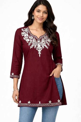 Maroon embroidered cotton short kurti 