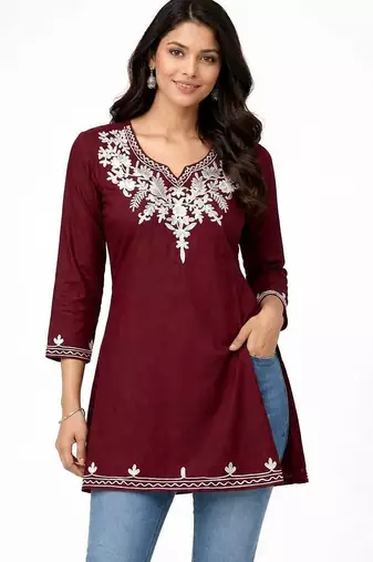 Maroon embroidered cotton short kurti 