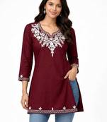 Maroon embroidered cotton short kurti 
