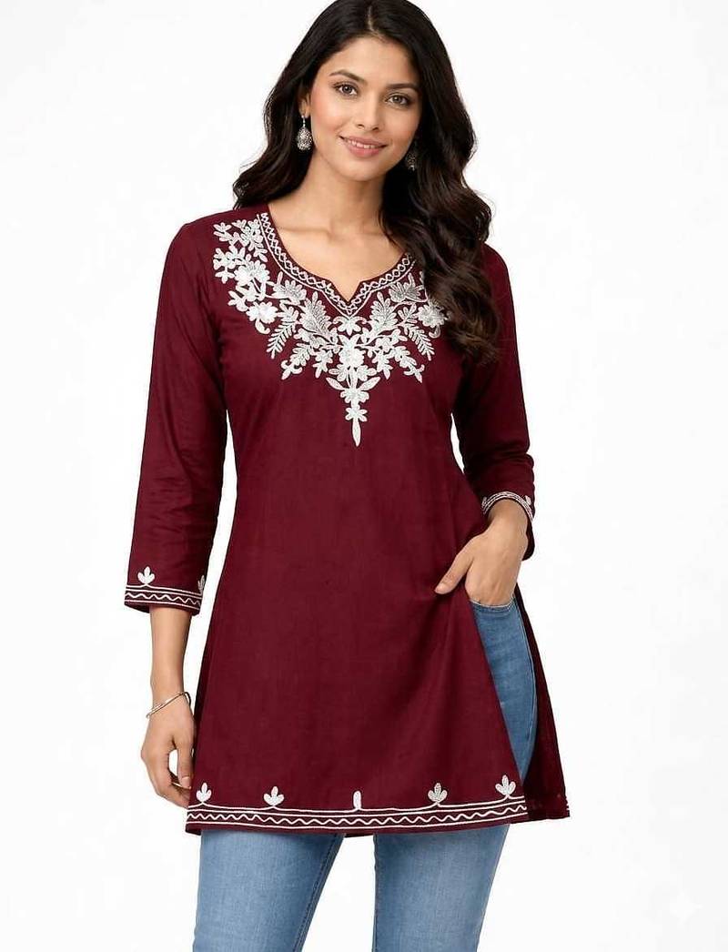 Maroon embroidered cotton short kurti 