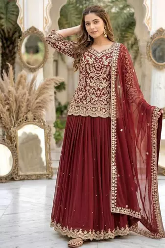 Red Womens Stylish Anarakali Lehenga Set