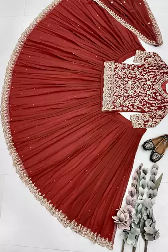 Red Womens Stylish Anarakali Lehenga Set