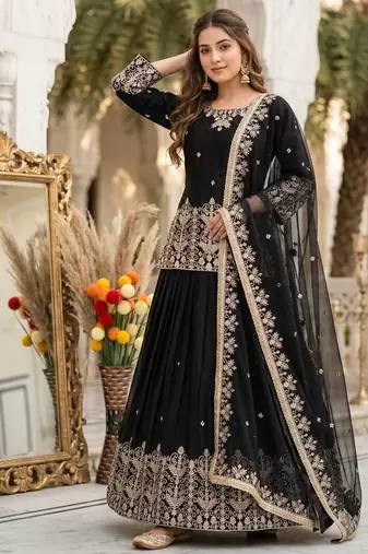 Black Heavy Embroidery Sequence Work With Real Mirror Hand Work Lehenga Set
