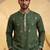 Mens silk blend green solid embroidered kurta