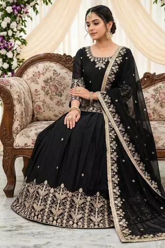 Black Heavy Embroidery Sequence Work With Real Mirror Hand Work Lehenga Set