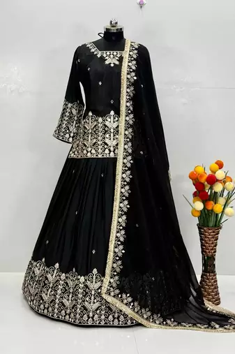 Black Heavy Embroidery Sequence Work With Real Mirror Hand Work Lehenga Set
