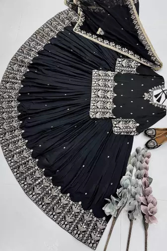 Black Heavy Embroidery Sequence Work With Real Mirror Hand Work Lehenga Set