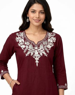Maroon embroidered cotton short kurti  3