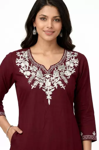 Maroon embroidered cotton short kurti 