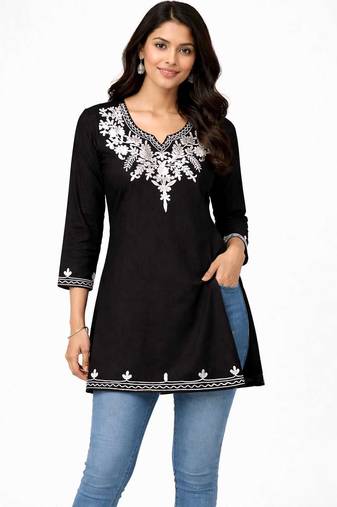 Black embroidered cotton short kurti 