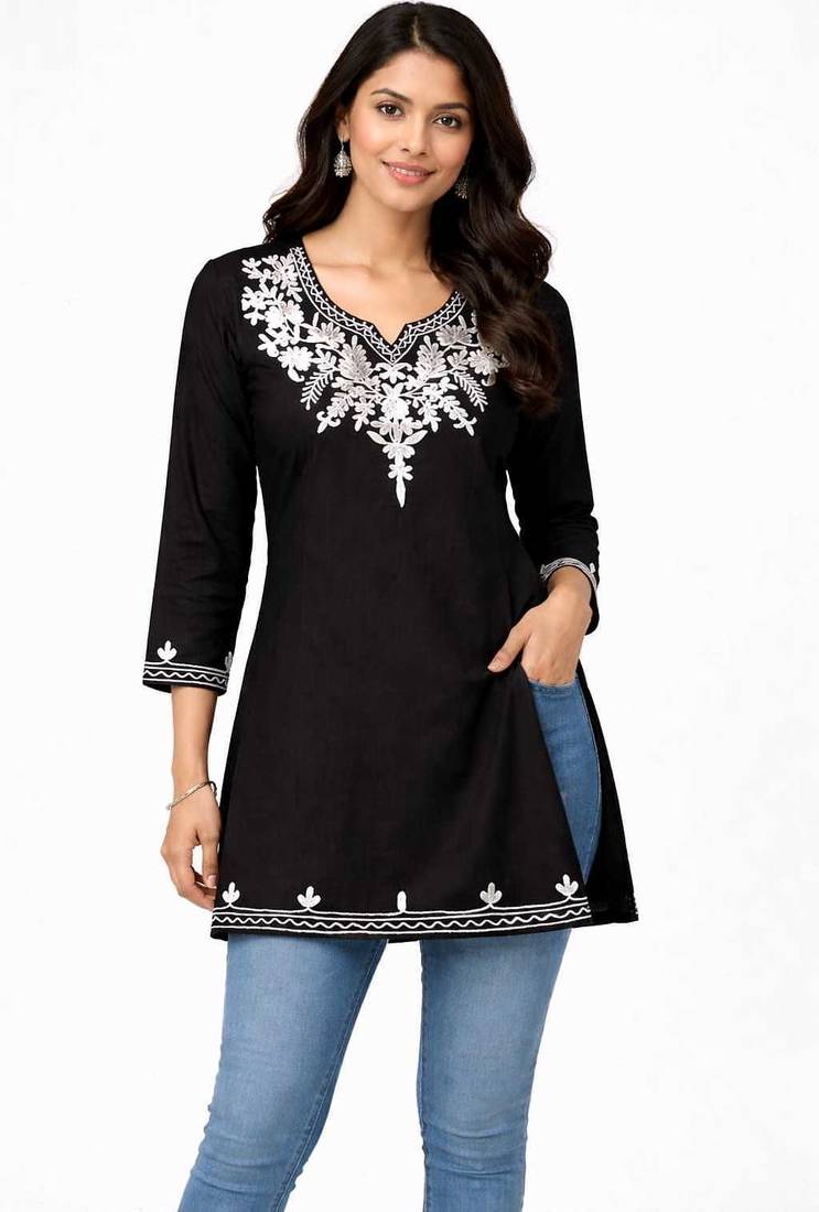 Black embroidered cotton short kurti 