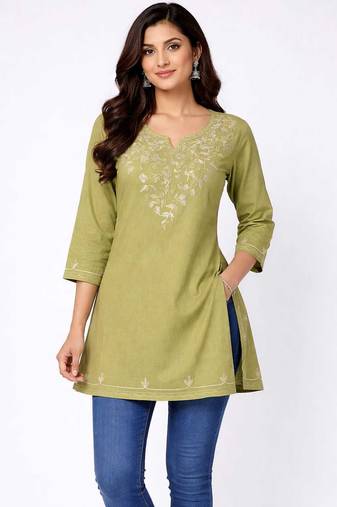 Olive embroidered cotton short kurti 